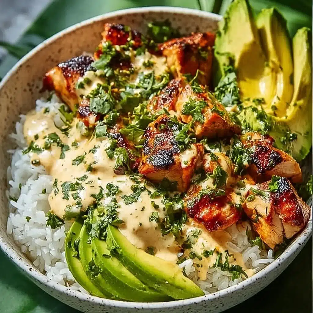 Delicious Coconut Chicken Rice Bowl with tender chicken and coconut rice