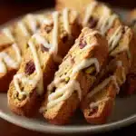 Cranberry orange pistachio biscotti on a plate with a cup of coffee