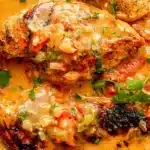 Creamy coconut milk chicken dish served with fresh herbs and rice