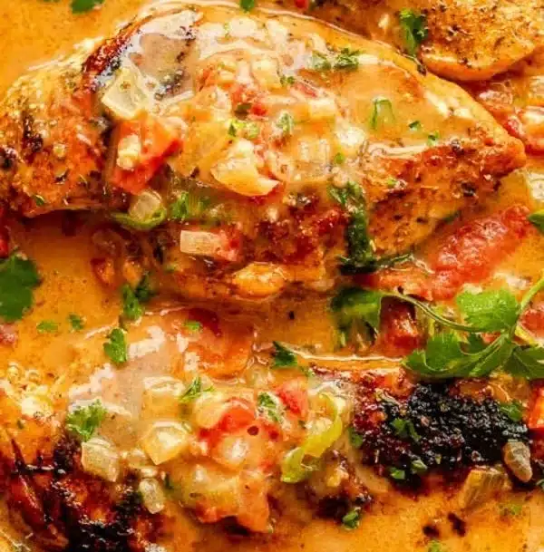 Creamy coconut milk chicken dish served with fresh herbs and rice