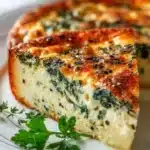 Creamy crustless cottage cheese spinach quiche served on a plate
