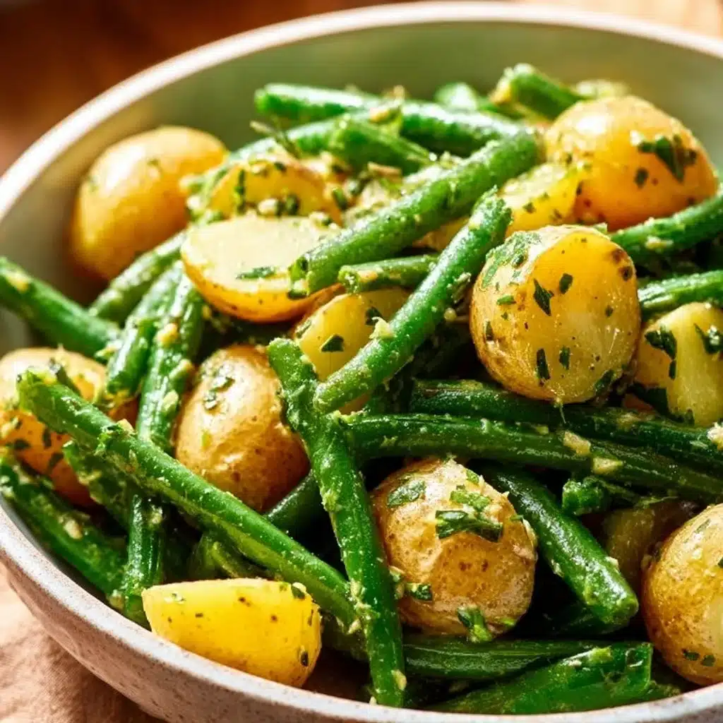Creamy green bean potato salad in a bowl, perfect for summer gatherings.