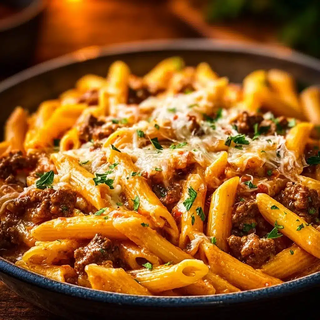 Creamy high protein beef pasta dish served on a plate