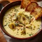 Bowl of creamy lemony Tuscan artichoke soup garnished with herbs