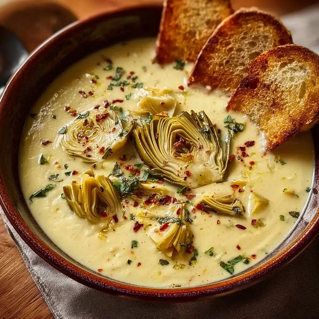 Bowl of creamy lemony Tuscan artichoke soup garnished with herbs