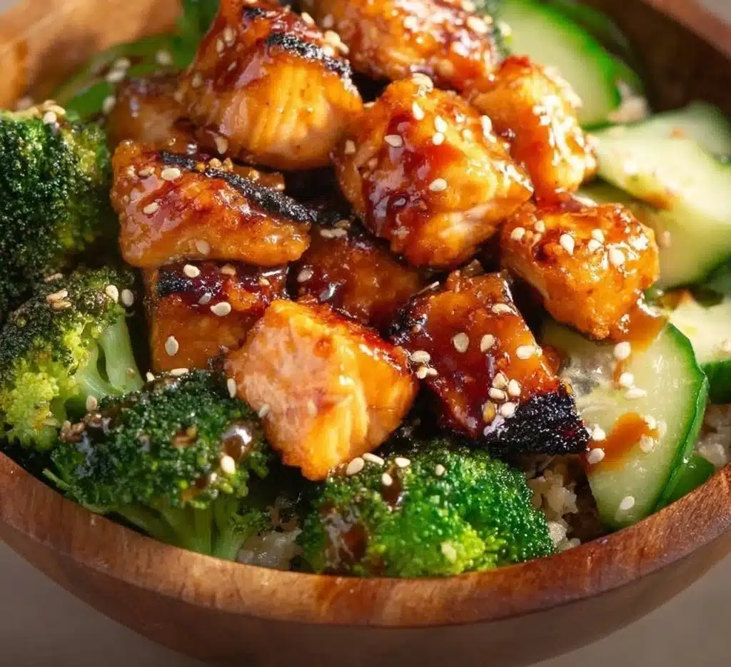 Crispy Bang Bang Salmon Bites served in a vibrant bowl with fresh ingredients.