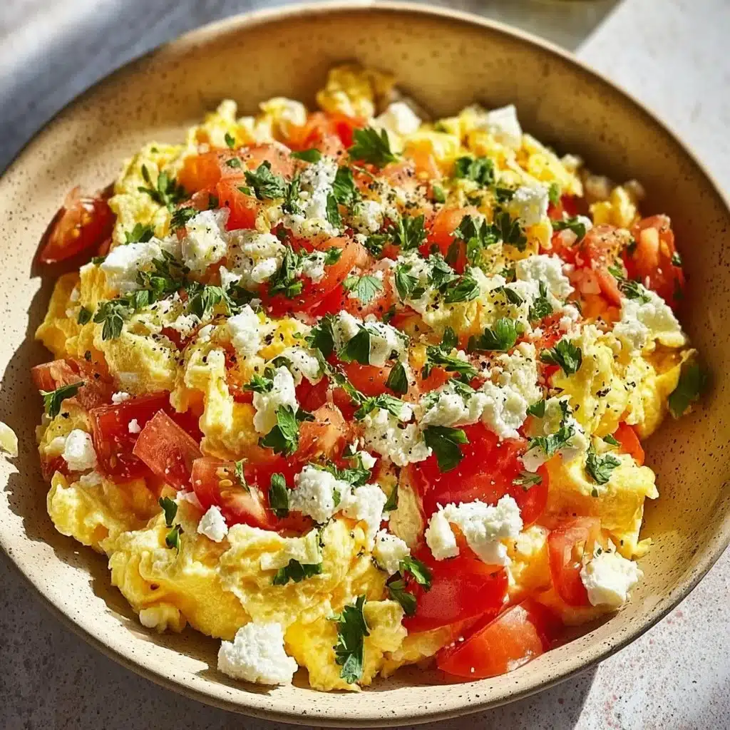 Delicious Mediterranean scrambled eggs with fresh vegetables and herbs