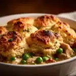 Easy chicken pot pie cobbler with flaky crust and savory filling.