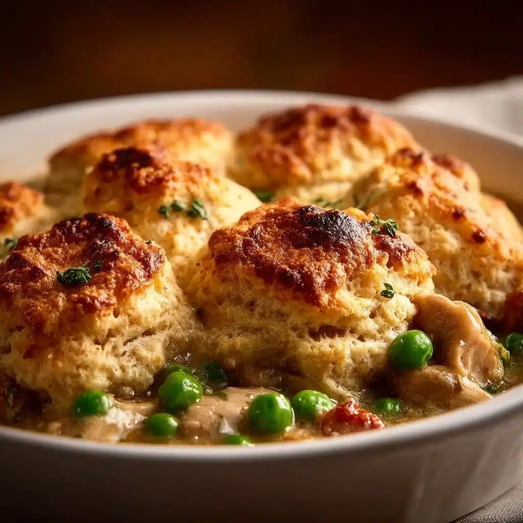 Easy chicken pot pie cobbler with flaky crust and savory filling.