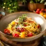 Bowl of easy one pot pasta primavera with fresh vegetables