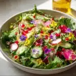 A colorful edible flower salad featuring vibrant blooms and fresh greens.