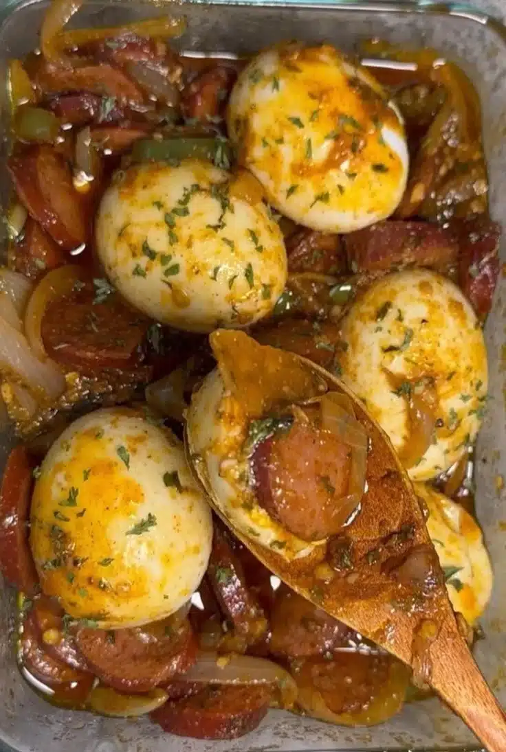 Delicious egg boil with sausage served on a plate