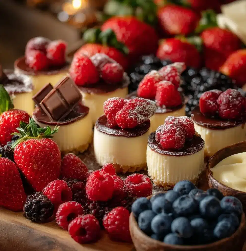 Mini cheesecake board with assorted flavors and toppings for a dessert display