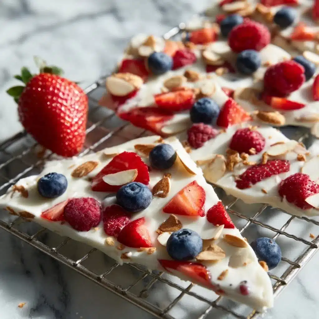 Healthy Frozen Yogurt Bark topped with fresh berries and nuts on a serving plate