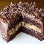 Delicious slice of German Chocolate Cake with coconut and pecan topping.