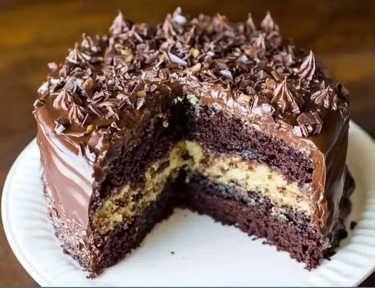 Delicious slice of German Chocolate Cake with coconut and pecan topping.