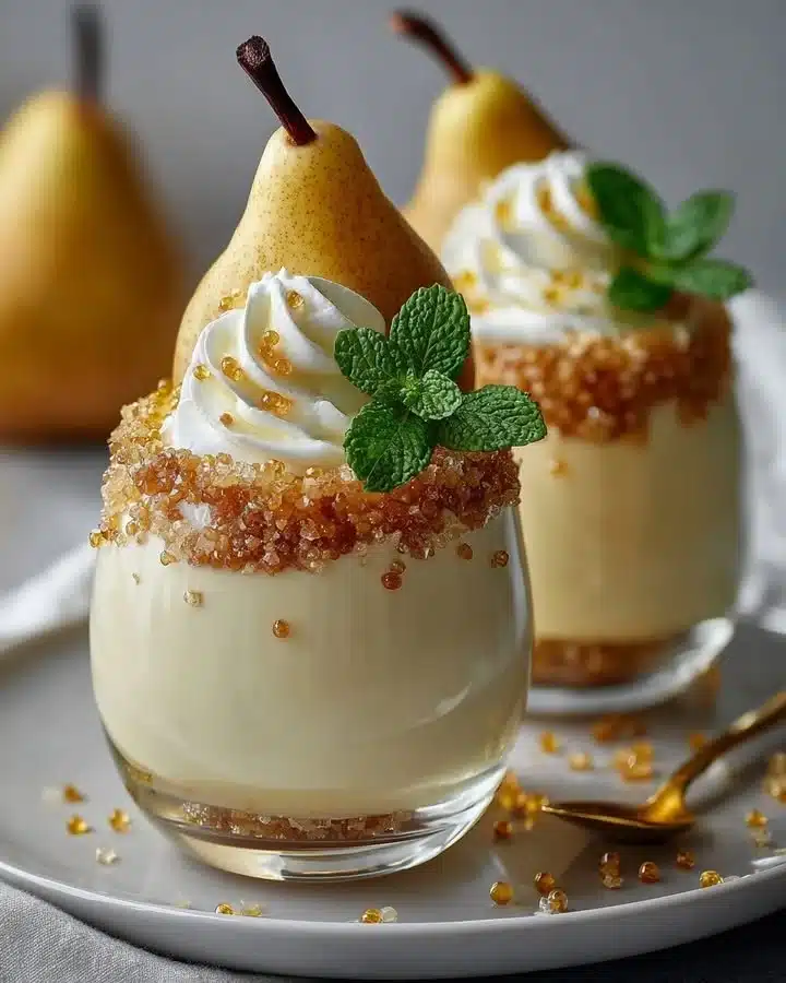 Golden Pear Vanilla Mousse Cups with creamy vanilla mousse and pear slices