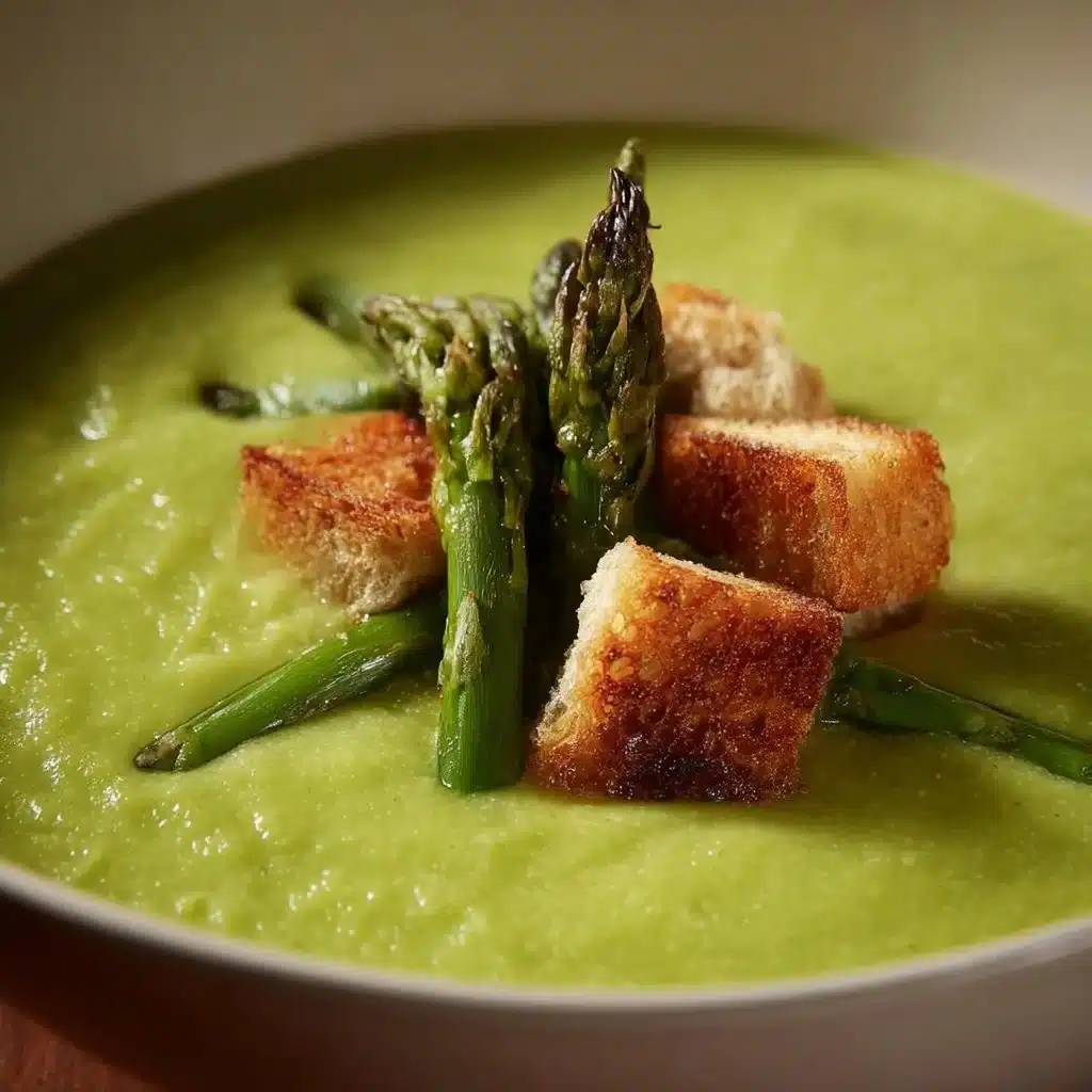 Gordon Ramsay's creamy asparagus soup in a bowl garnished with herbs.