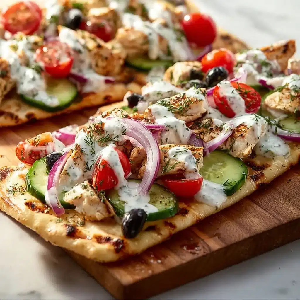 Delicious Greek Chicken Flatbread topped with fresh vegetables and tzatziki sauce