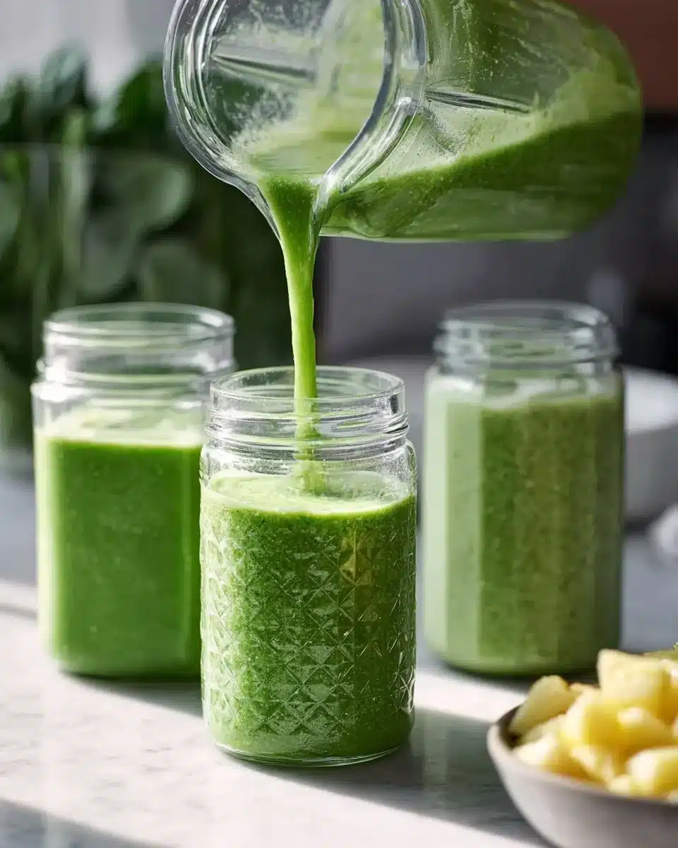 Delicious green smoothie in a glass with fresh ingredients on the table
