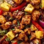 Hawaiian Chicken Sheet Pan with vegetables and pineapple ready to serve