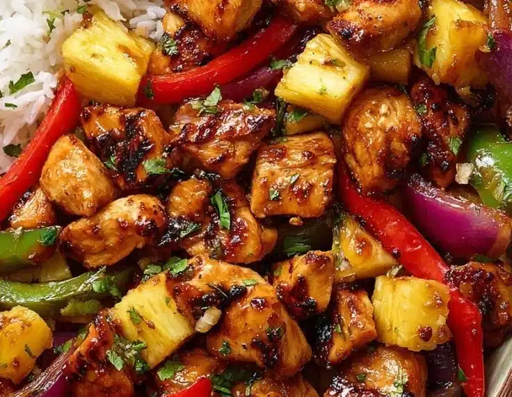 Hawaiian Chicken Sheet Pan with vegetables and pineapple ready to serve