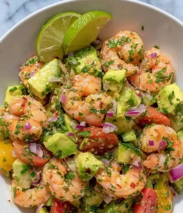 Colorful healthy shrimp avocado salad with fresh ingredients in a bowl