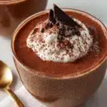 High protein chocolate chia pudding in a bowl topped with berries