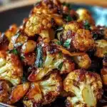 Bowl of Honey Curry Roasted Cauliflower garnished with herbs