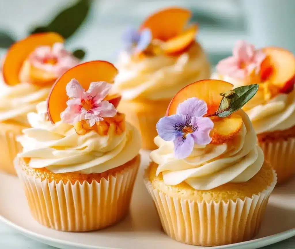 Honey peach cream cheese cupcakes topped with peach slices and cream frosting