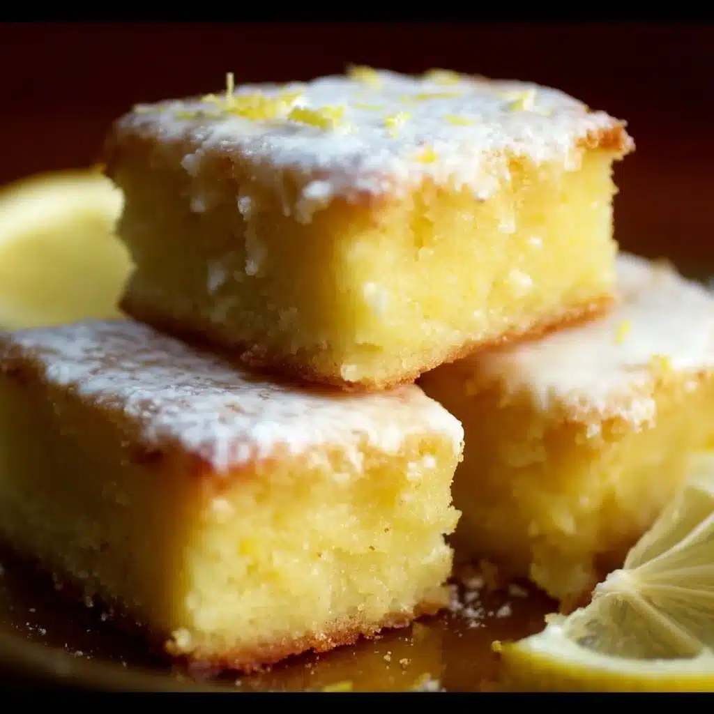 Delicious lemon brownies topped with lemon glaze on a white plate