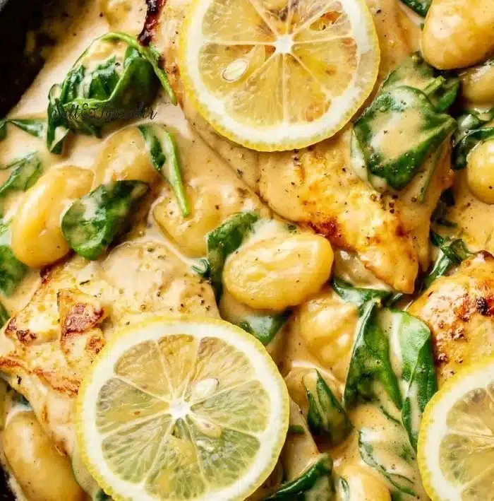 Creamy Lemon Chicken Gnocchi served in a bowl with fresh herbs and lemon slices