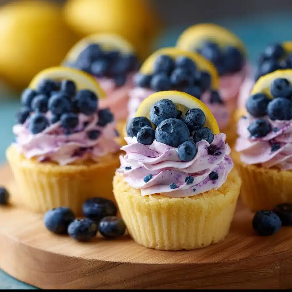 Lemon cupcakes topped with blueberry buttercream frosting