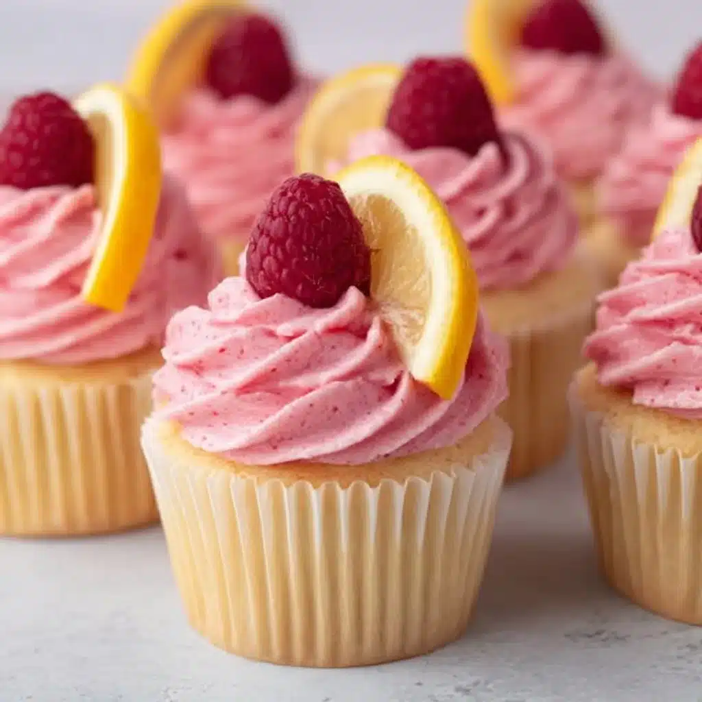 Lemon cupcakes with raspberry buttercream frosting on a decorative plate