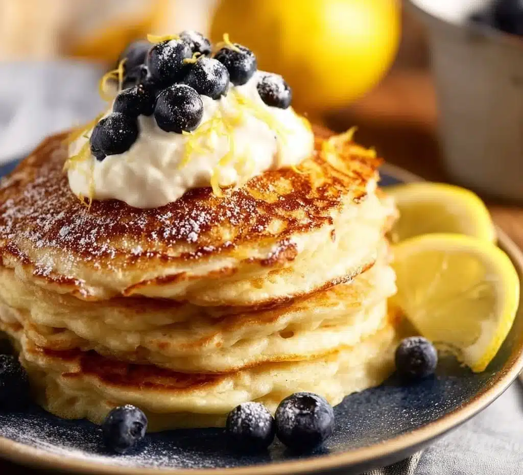 Fluffy Lemon Ricotta Pancakes served with fresh lemon slices and syrup