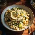 Lemon Zucchini Pasta garnished with fresh herbs and lemon zest