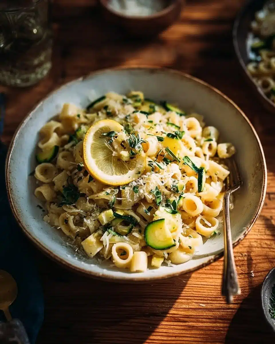Lemon Zucchini Pasta garnished with fresh herbs and lemon zest