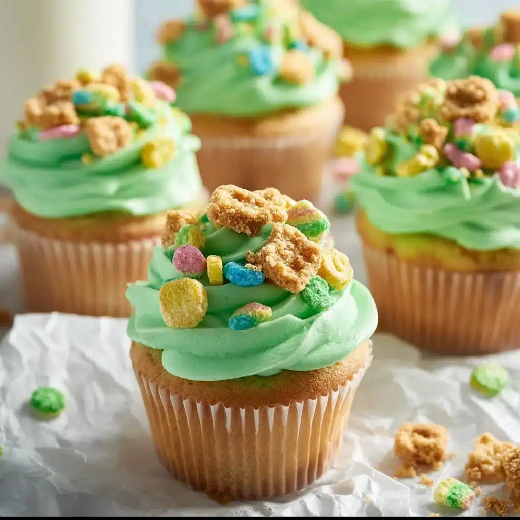Colorful Lucky Charms Cupcakes with marshmallow buttercream frosting