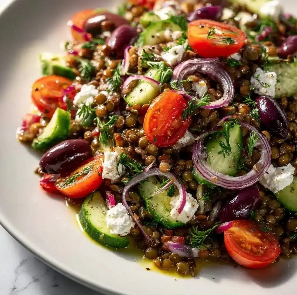 Mediterranean Lentil Salad with fresh vegetables and herbs