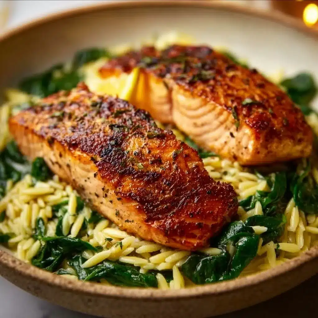 Plate of Mediterranean Salmon served with Lemon Orzo and fresh herbs