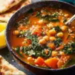 Bowl of Mediterranean soup with vegetables and herbs