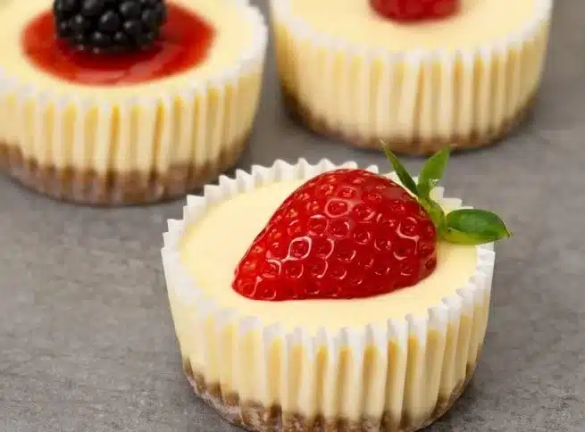 Delicious mini cheesecakes topped with fresh fruit and whipped cream