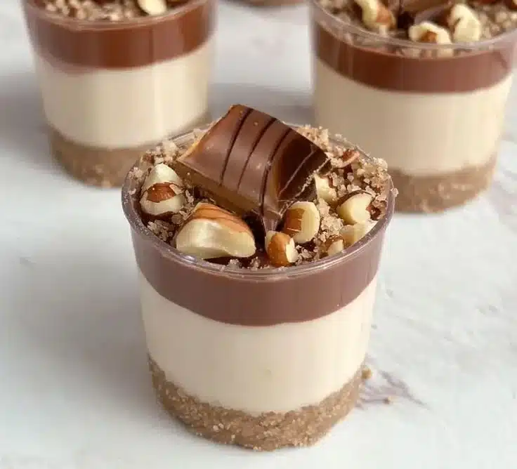 Mini Kinder Bueno Cheesecakes topped with chocolate and hazelnut cream