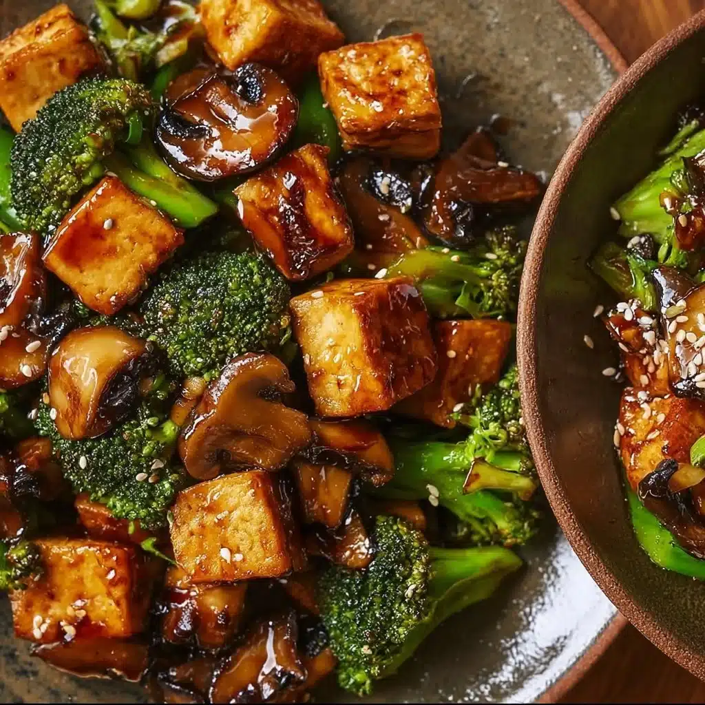 Colorful mushroom tofu stir-fry with fresh vegetables in a pan.