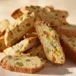 Orange Pistachio Biscotti cookies on a plate with a hint of orange zest.