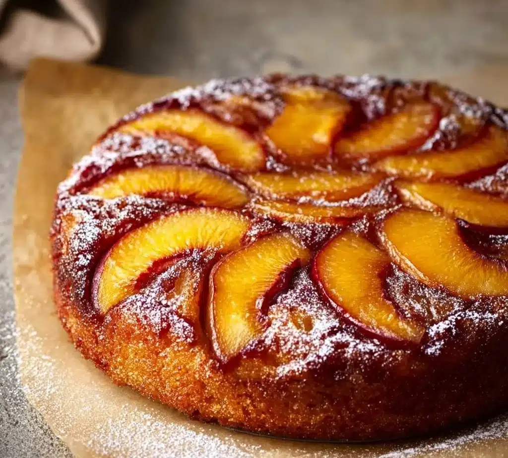 Delicious Peach Bourbon Upside-Down Cake with caramelized peaches and bourbon.