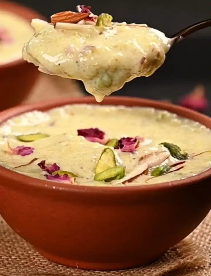 Delicious bowl of Phirni, a traditional Indian rice pudding dessert.