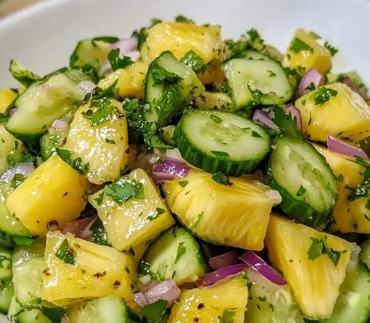 Fresh Pineapple Cucumber Salad in a bowl with vibrant toppings