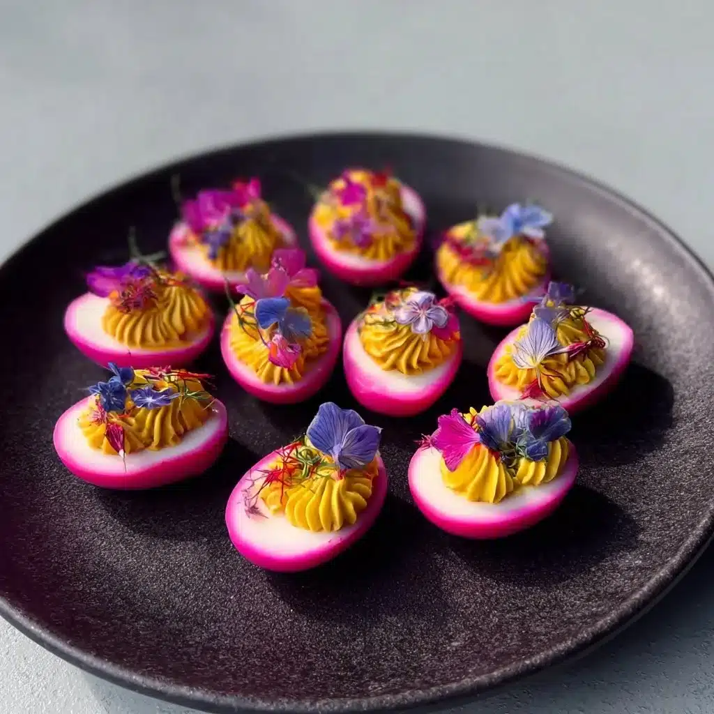 Colorful pink deviled eggs garnished with herbs.