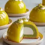 Pistachio sponge domes with Meyer lemon mousse and citrus mirror glaze dessert.